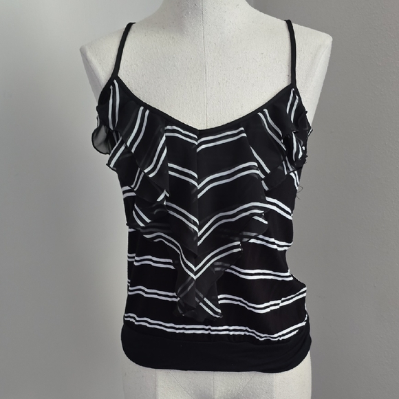 Black and White Striped Ruffle Tank Top SZ Small - Picture 1 of 6